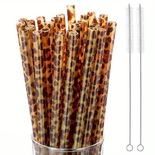 10/20 stück wiederverwendbare leopardenmuster plastik- -tier-strohhalme mit 1/2 stück reinigungsbürste - langlebiges pp-material, für damenbecher, , -partys, halloween, weihnachten, neujahr und mehr, party-trinkzubehör | verspieltes design | langlebige plastikstrohhalme, leopardenmuster-strohhalme, leopardenmuster-strohhalm, leopardenstrohhalm, flaschenzubehör, strohhalmabdeckung