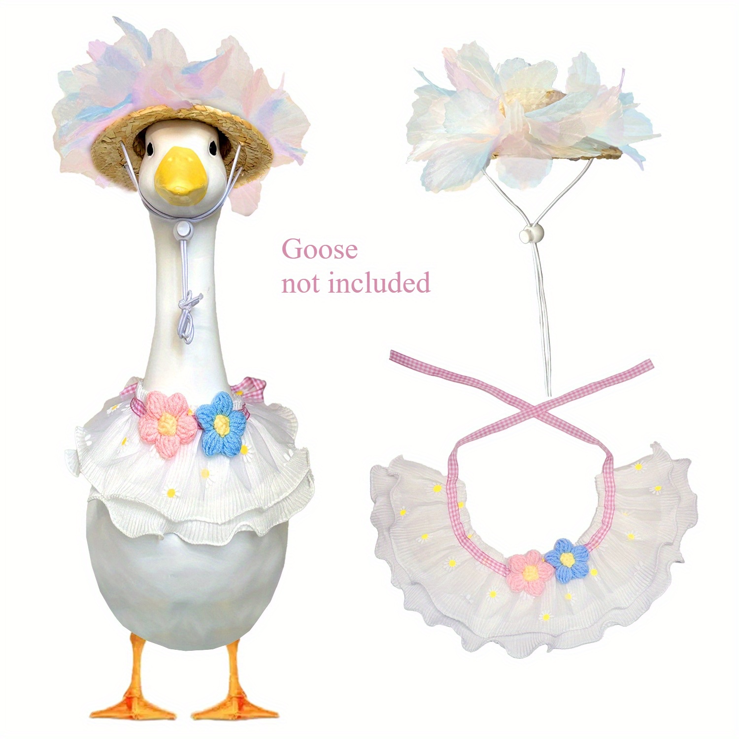 TEMU Summer Lace Daisy Goose Statue Costume For 23" Porch Geese - White Daisy Flower Fairy Dress With Colorful Tulle Flower Straw Hat, Goose Statue