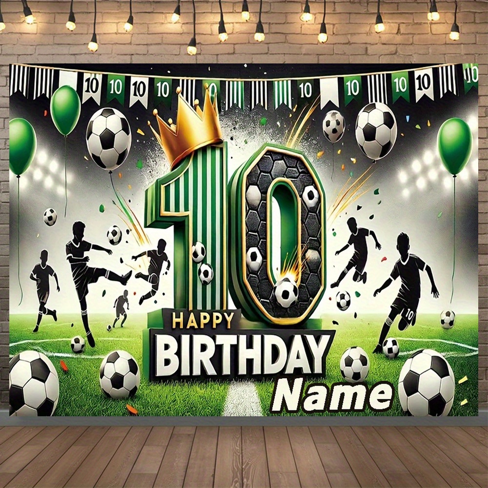 TEMU 10th Birthday Party Backdrop - Soccer Theme With , Green & Black Balloons, And Footballs - Polyester, No Electricity Needed, Customizable
