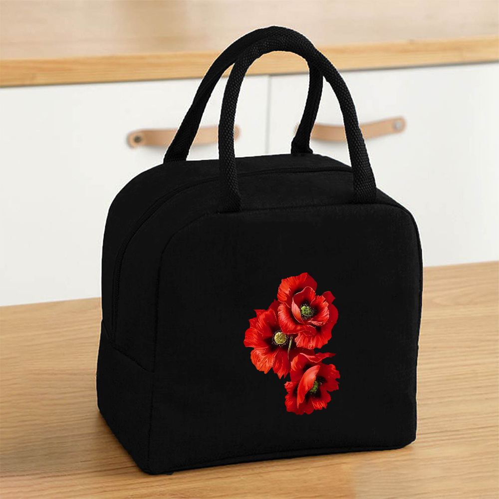 TEMU 1pc 3 Red Poppy Flowers Lunch Bag Leakproof Thermal Cooler Tote Large Capacity Reusable Handbag For Women Men Non-food Contact