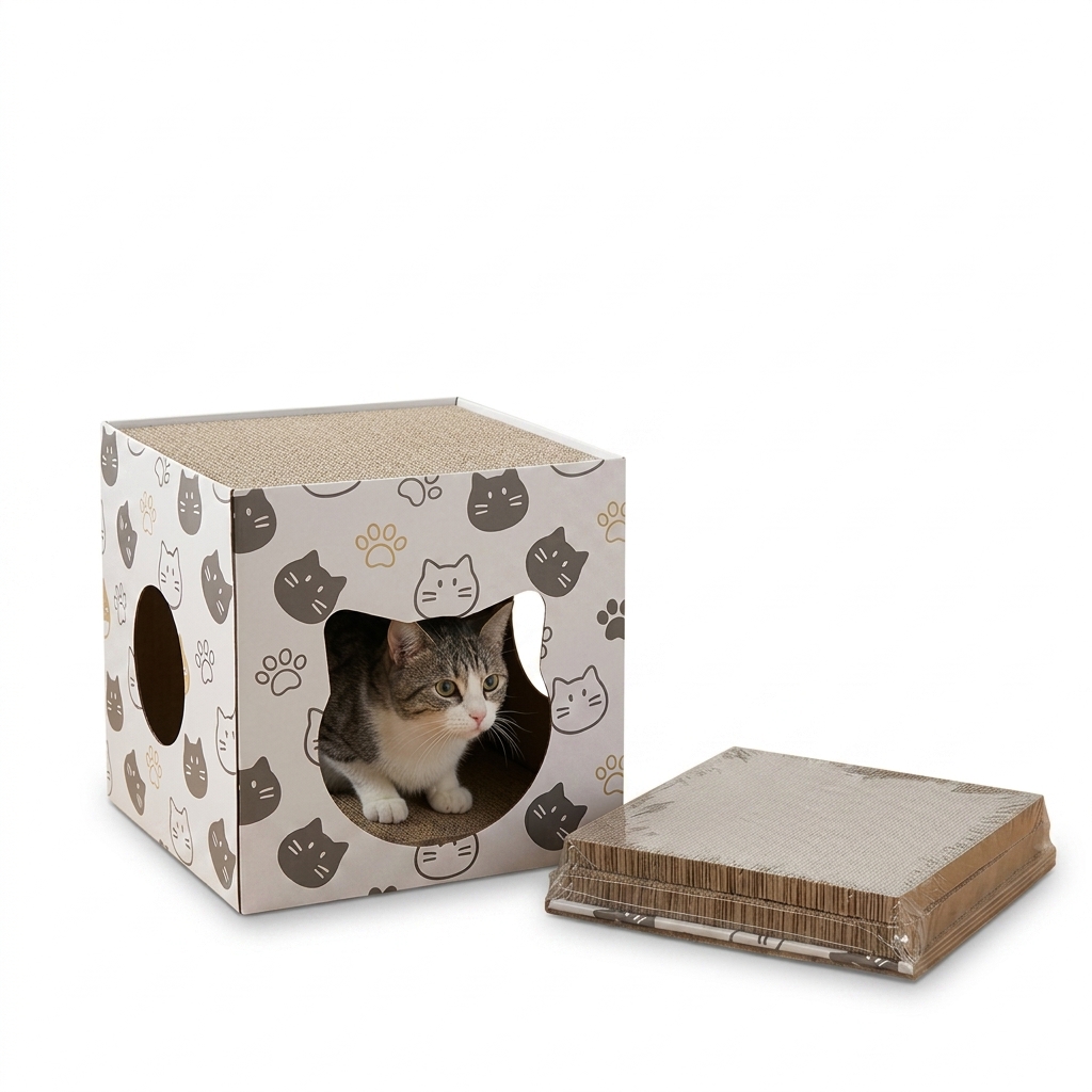 TEMU Cute Cat Pattern Cardboard House, Modern Indoor Cat Hideaway With Scratching Board, Stylish 2-in-1 Cat Scratcher Box For Small Cats& Kittens,