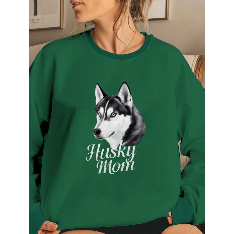 

Husky Mom Graphic Neck Sweatshirt, Casual Knit Polyester Pullover, Geometric Pattern, For Women, Fall & Winter