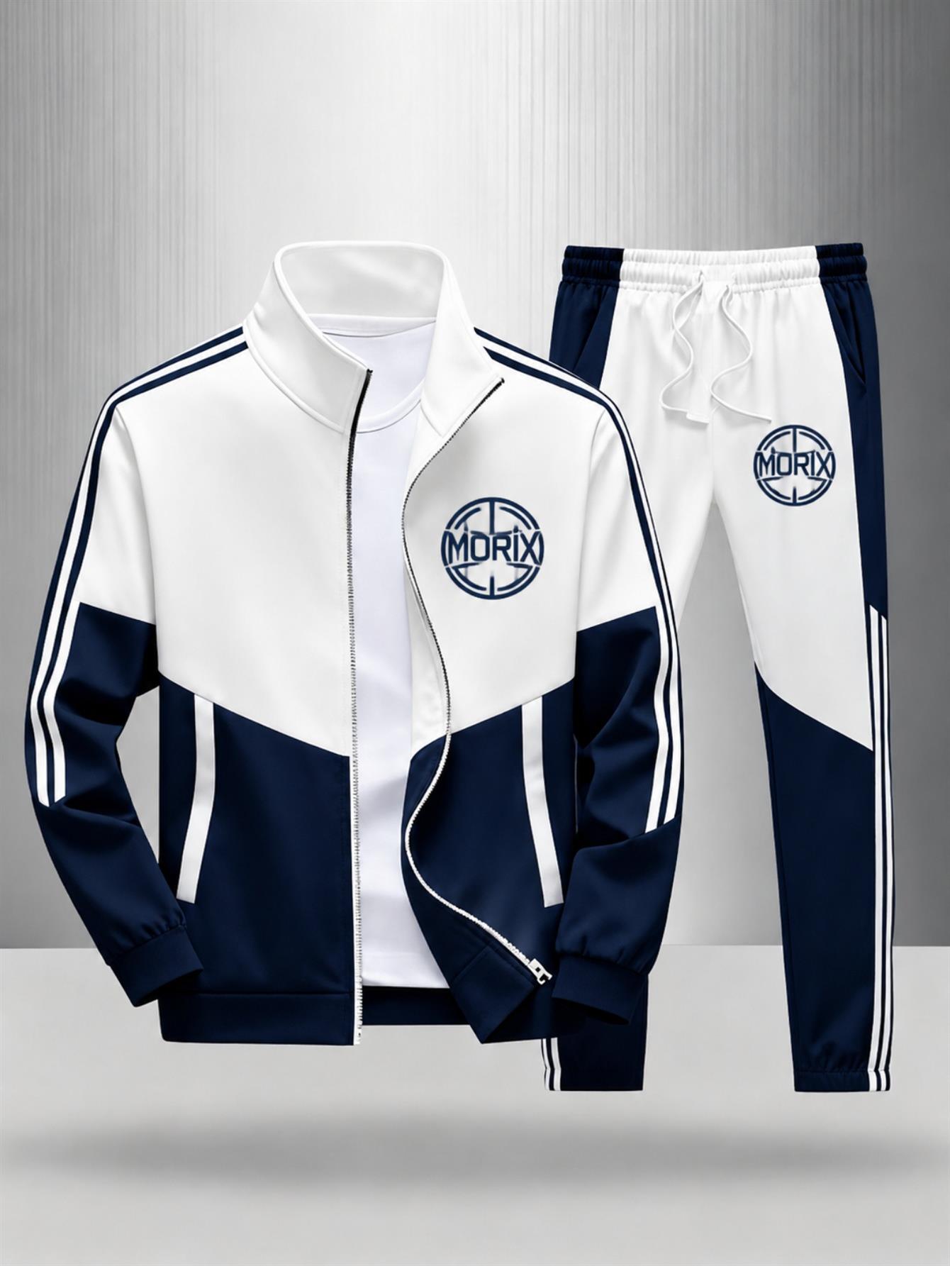 Men's Two-Piece Tracksuit Set with Logo Print, Navy & White
