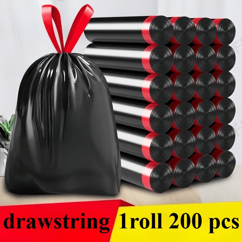 1roll 200pcs thickened leak proof drawstring black trash bags suitable for home office kitchen bathroom outdoor commercial use compatible with trash cans and bins kitchen waste disposal safe drawstring closure