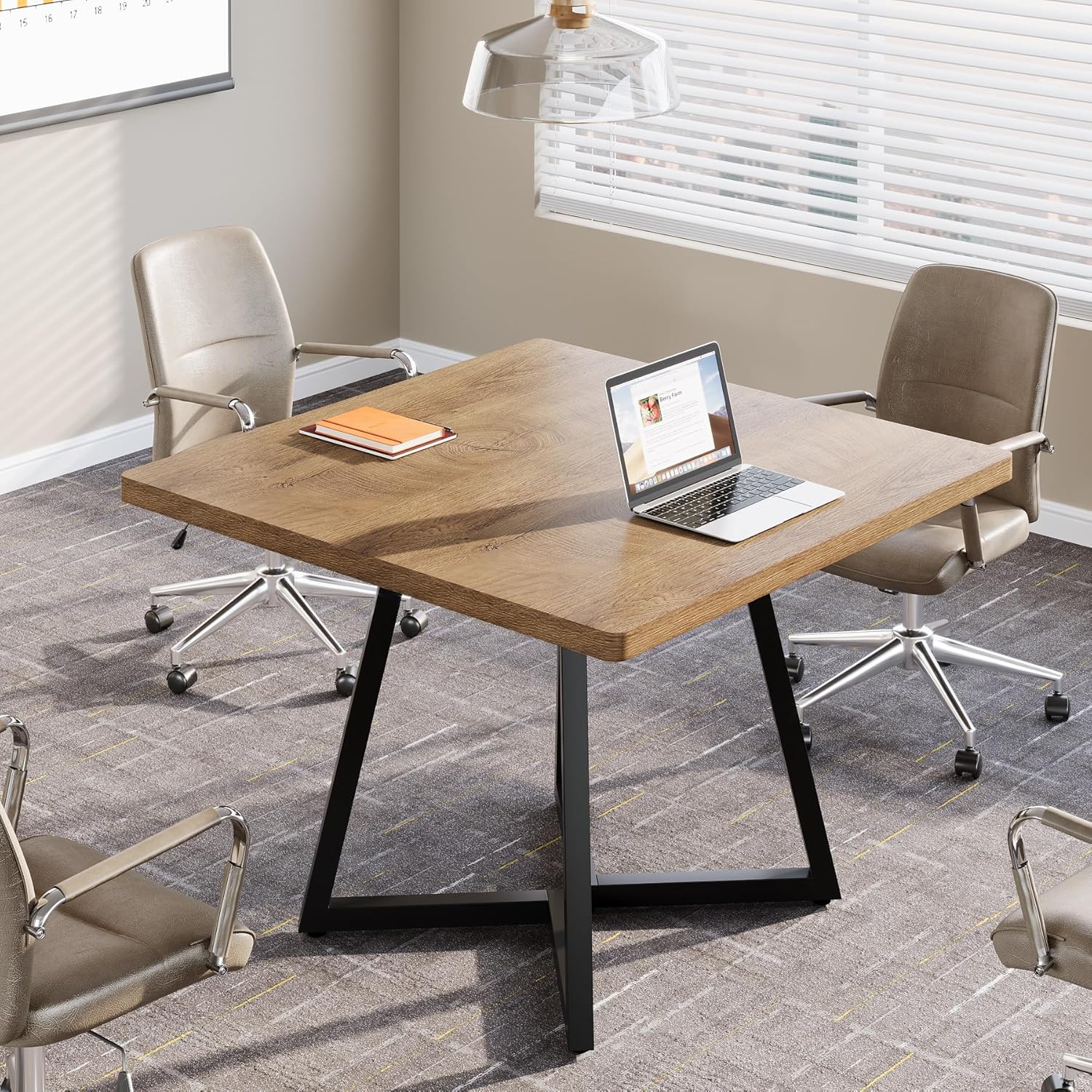 31.5' Square Conference Table, Industrial Office Meeting Table for 4 People, Business Podcast Furniture with Metal Base for Small Spaces, Office Conference, Natural