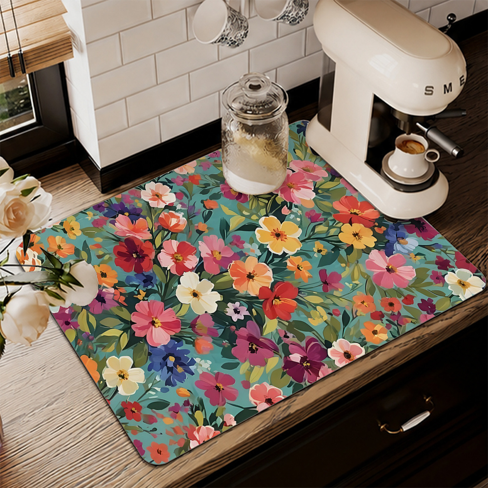 TEMU 1 pz, Tappetino Asciugapiatti con Stampa Colorata/Sottopiatti Assorbenti, in Gomma Antiscivolo, Stampa Completa di e Colori di Fiori, per Piani