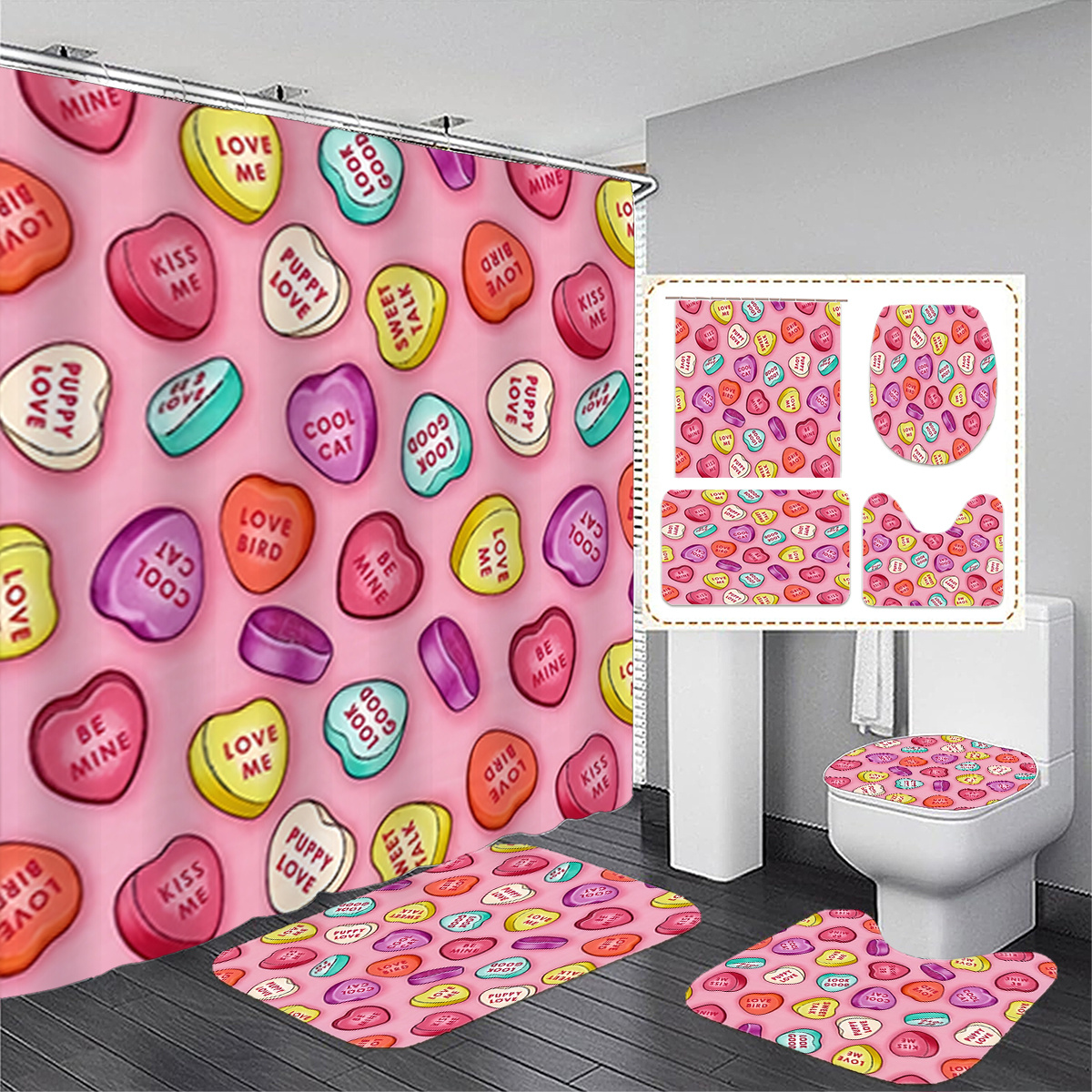 

1pc/3pcs 's Day & Lettering Shower Curtain Set 12 , - Polyester , Bath Mat, U-shaped Mat, Lid , Bathroom , Decorative Accessories, Decor, Hanging Curtain