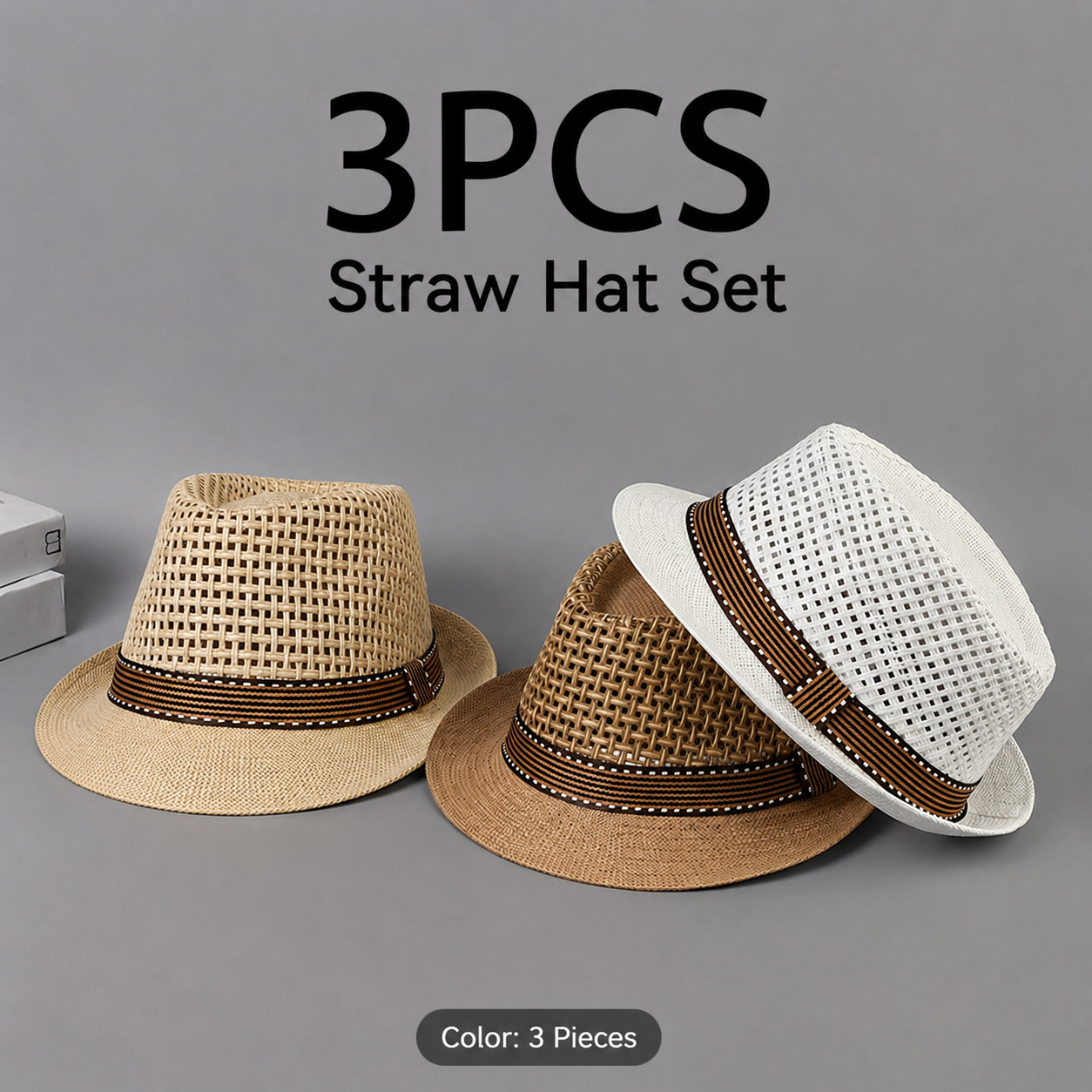 TEMU 3pcs Set Of Spring/summer Unisex Breathable Mesh Lightweight Straw Panama Hats, With Zipper, Suitable Beach, Casual , And Travel