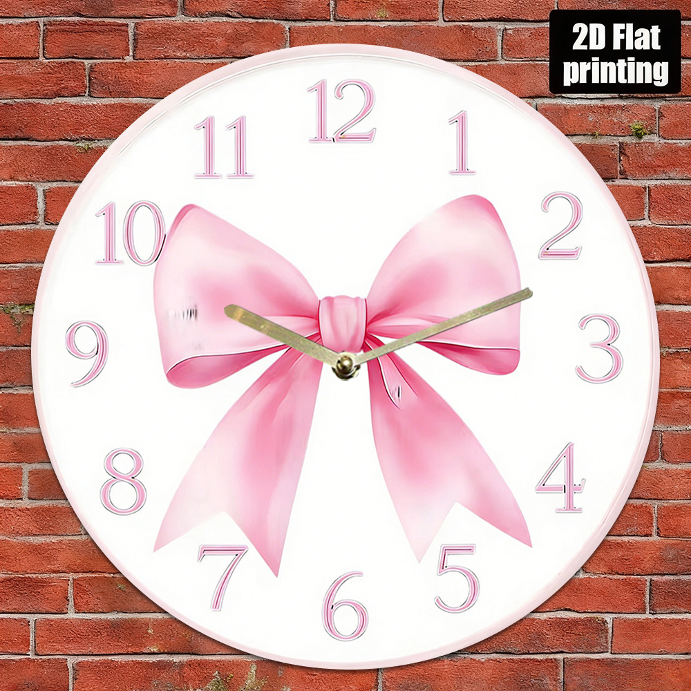 TEMU 2d Flat Clock, Pink Bow Clock Pattern Theme Design, 1pc Artistic Wall Clock, Battery Powered (aa Battery Not Included), Silent, Suitable For
