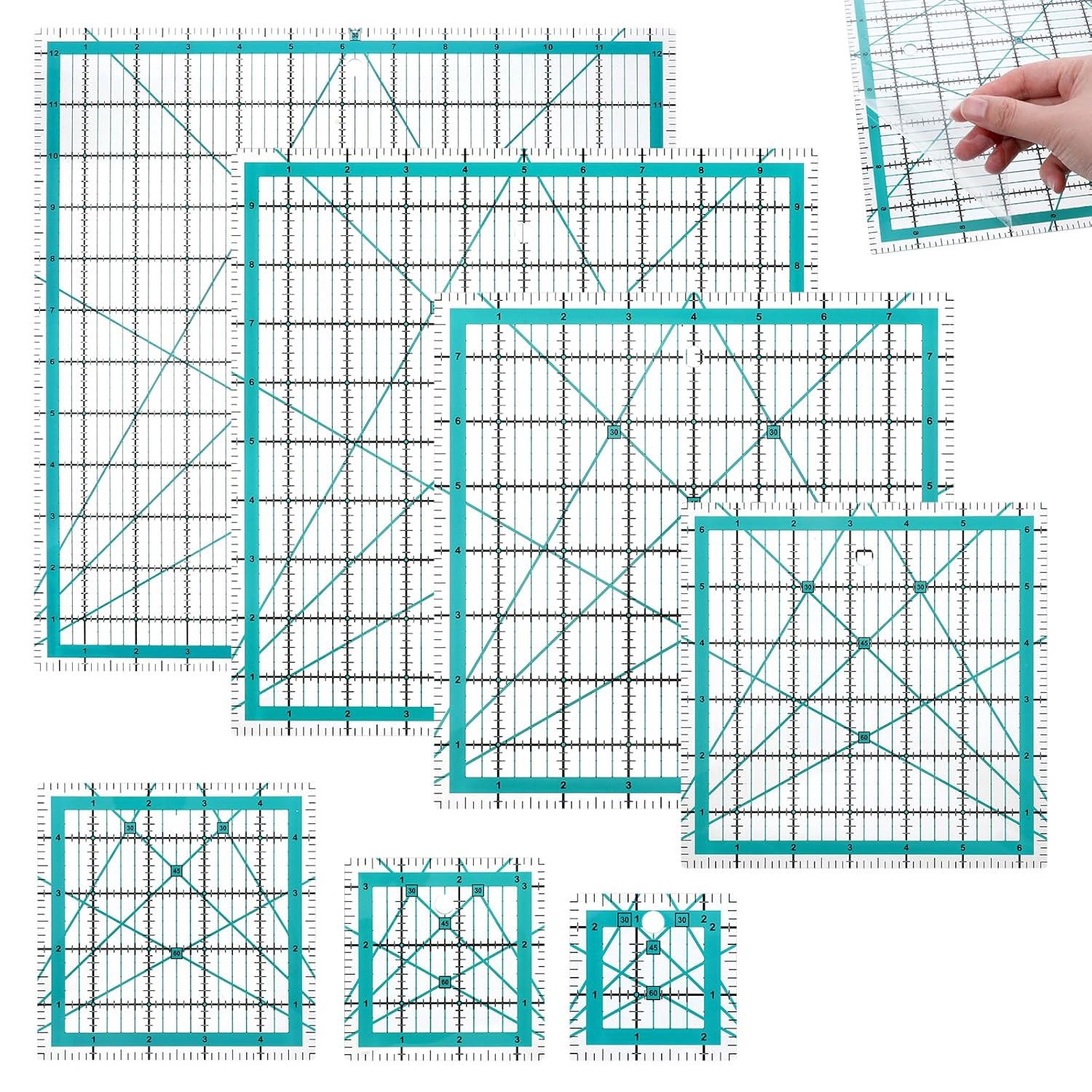TEMU 7pcs Acrylic Ruler Template Set, Square Sewing Rulers, Fabric Cutting Rulers (2.5in, 3.5in, 5in, 6.5in, 8in, 10in, And 12.5in), For Quilting And