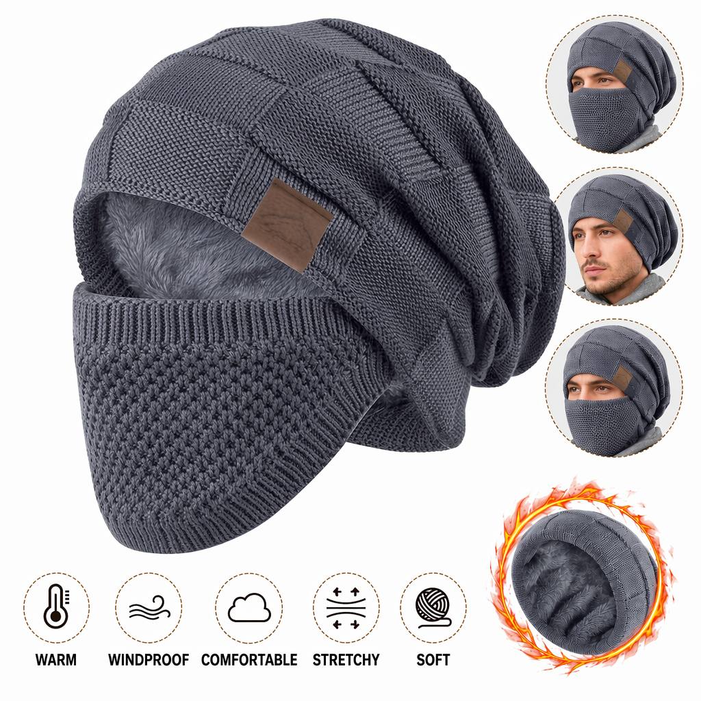 TEMU Unisex Winter -lined Cold-proof Face Mask And Hat 2pcs Set - Elastic Drawstring Closure, Lightweight And Warm, Suitable For Cycling, Skiing,