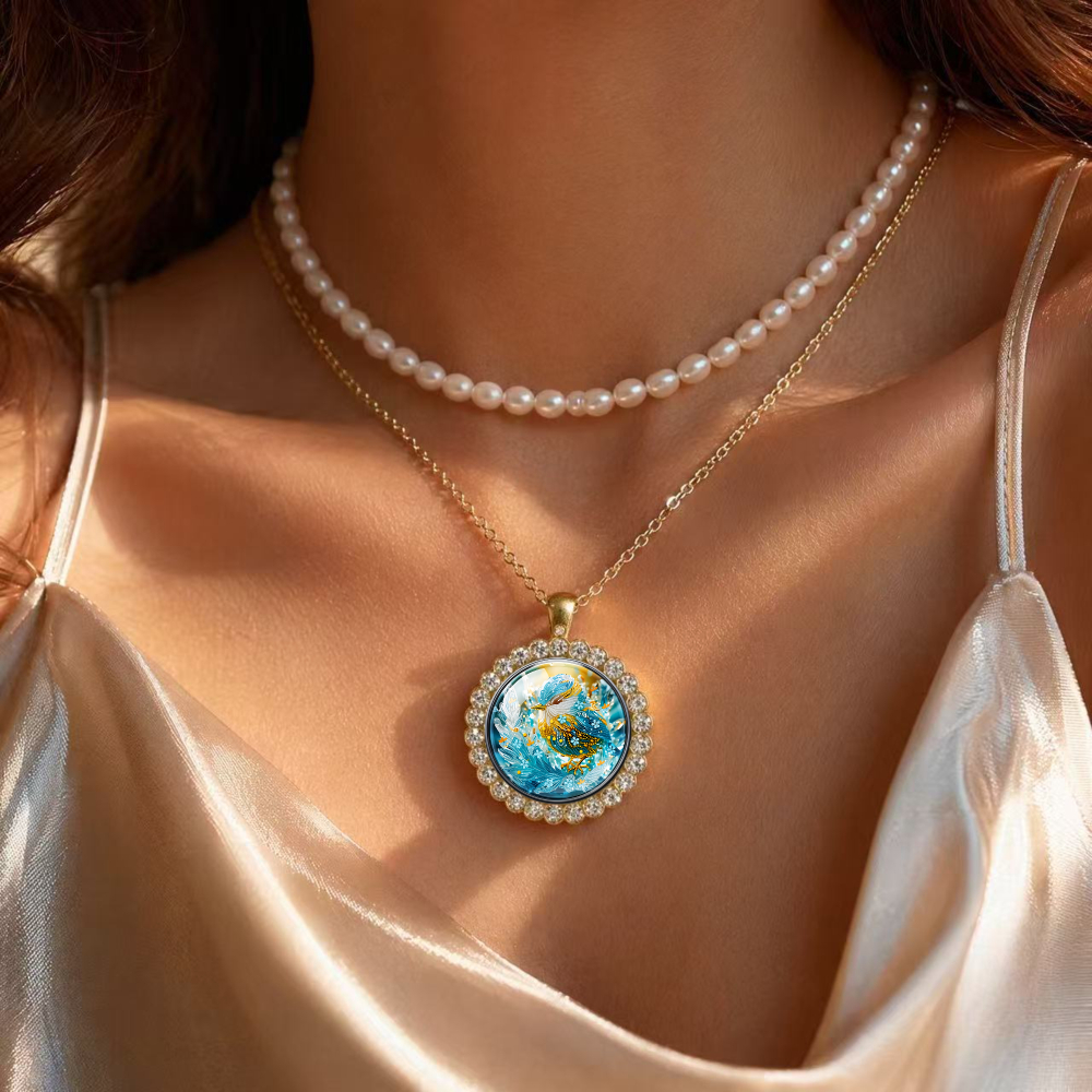 Unisex Blue Golden Glass Pendant, Round Bead Design