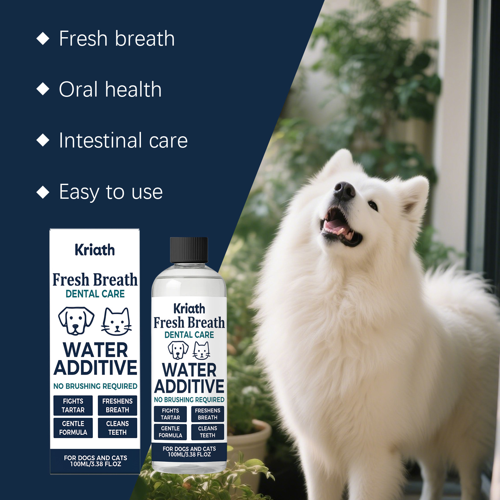 Kriath Fresh Breath Dental Care Water Additive, 100ML/3.38FL.OZ - No Brushing Required, Gentle Formula for Dogs & Cats, Fight Tartar, Freshen Bad Breath, Clean Teeth, Professional Oral Care Essential for Healthy Gums & Fresh Mouth in Pets
