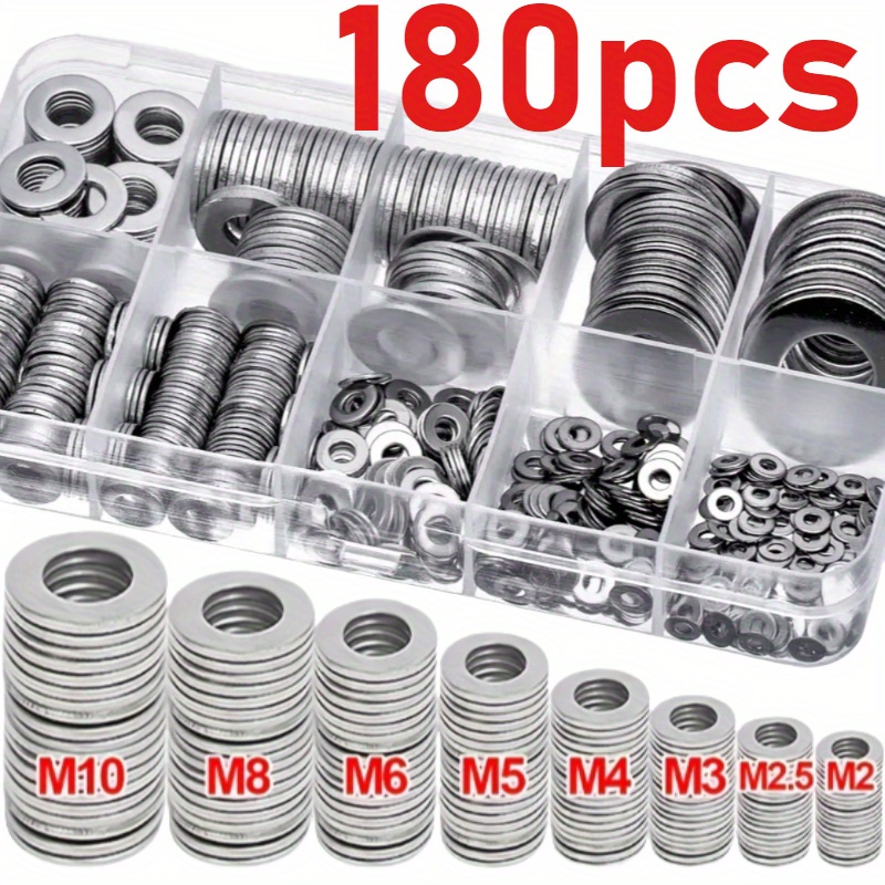 180 bucăți set șaibe plate, 8 dimensiuni m2-m10, potrivite pentru șuruburi/șaibe lustruite și placate Detaliile articolului 1