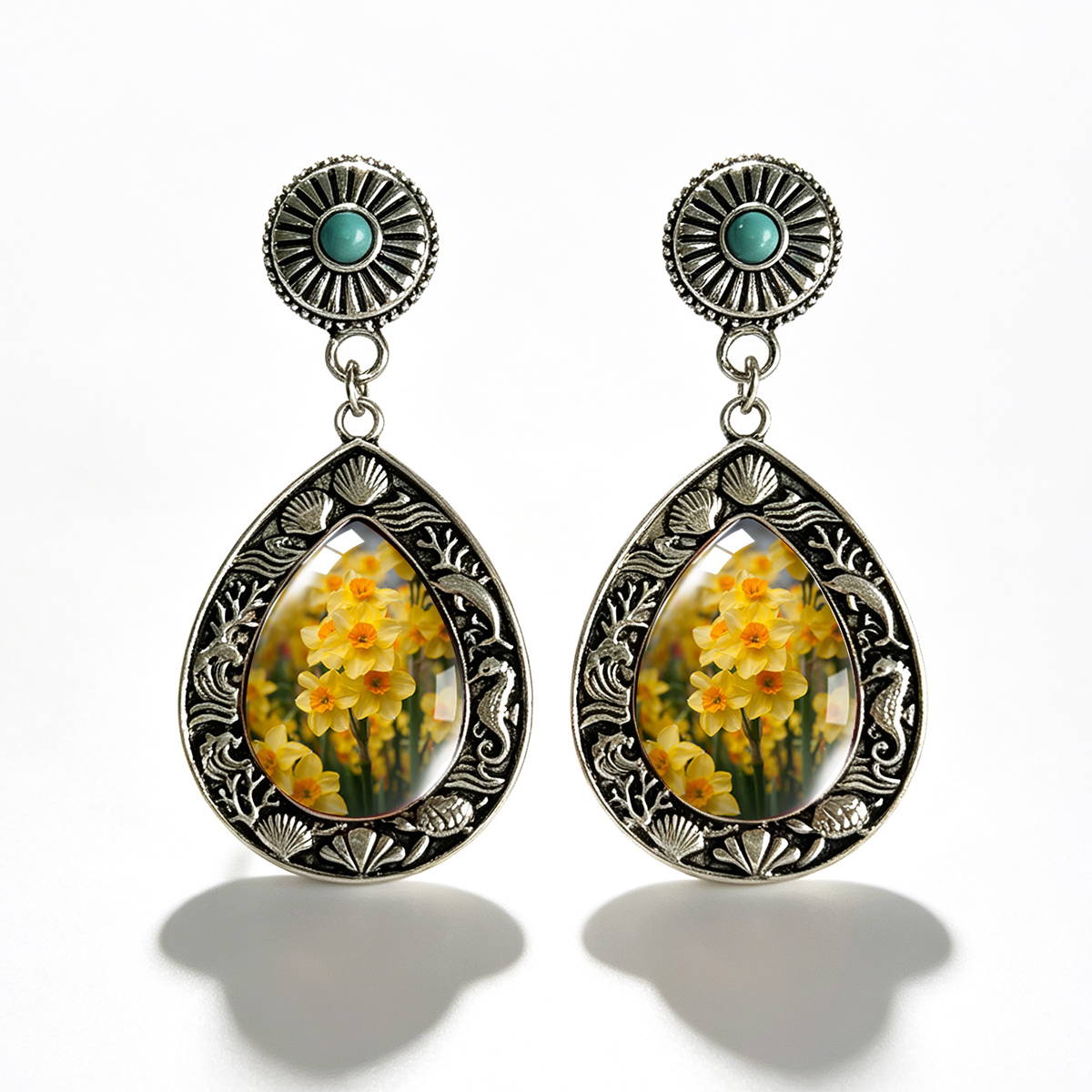 TEMU 1 Pair Of Daffodil Pastoral Style Time Gemstone Earrings, Vintage Ocean Relief Teardrop Long Drop Earrings, Unisex Versatile Dangle Earrings