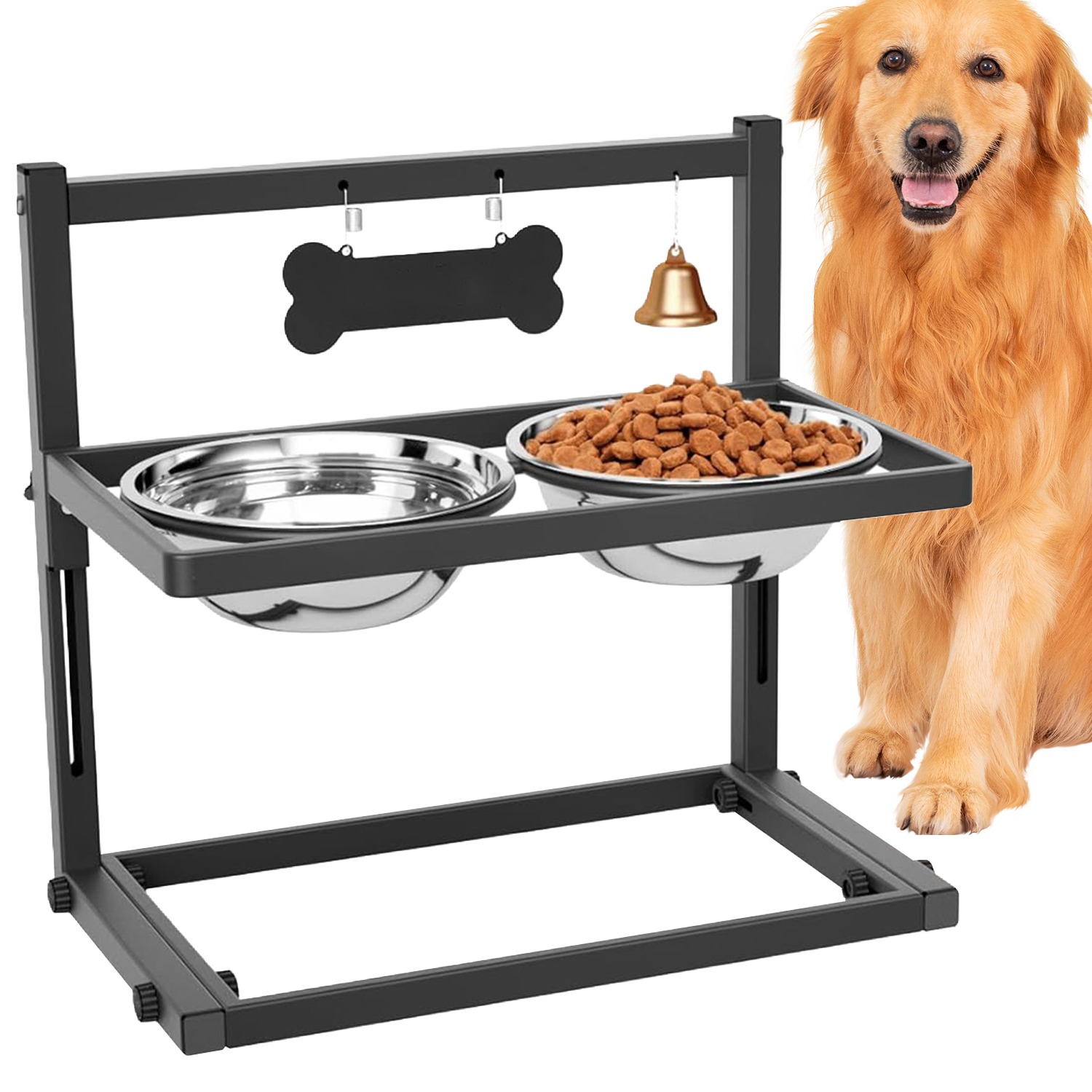 Image of Adjustable Height Dog Feeder Stand With 2 Removable Stainless Steel Bowls | 1150ml Capacity, Includes Name Tag & Bell, For Medium Large Pets, Iron Material By Bedee