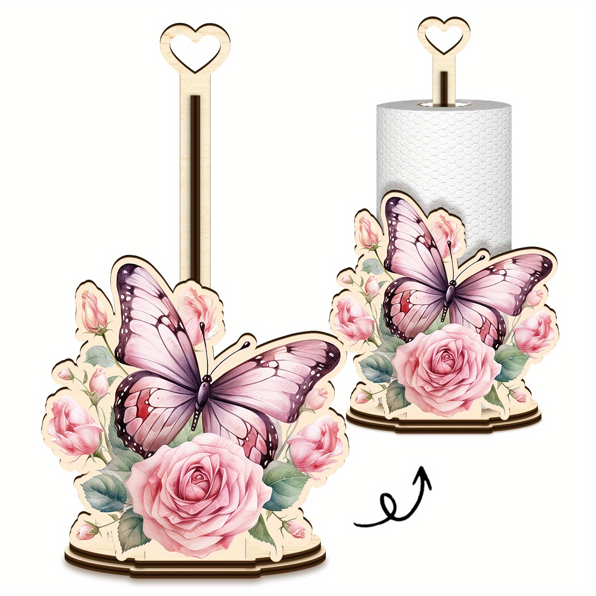 TEMU A 2d Printed Valentine's Day Wooden Tissue Holder For All , For Kitchen Use, Requires Assembly, Featuring And Floral Designs, Perfect For