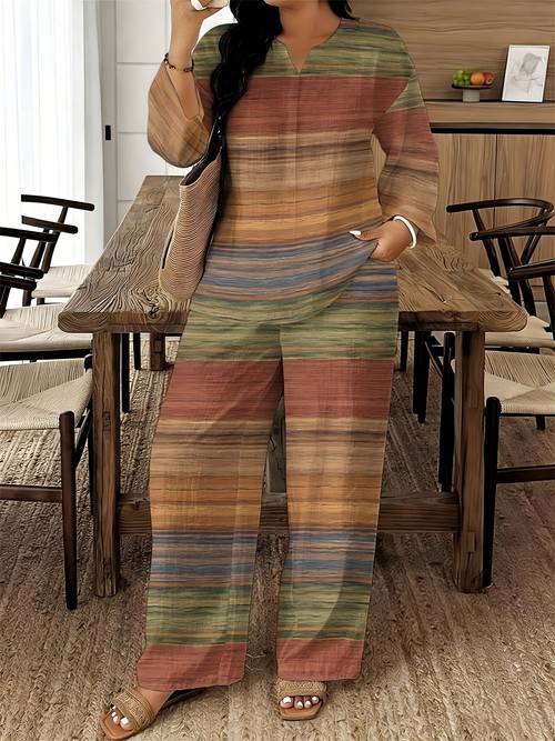plus size womens 2pcs set striped printed top and casual trousers elegant summer suit