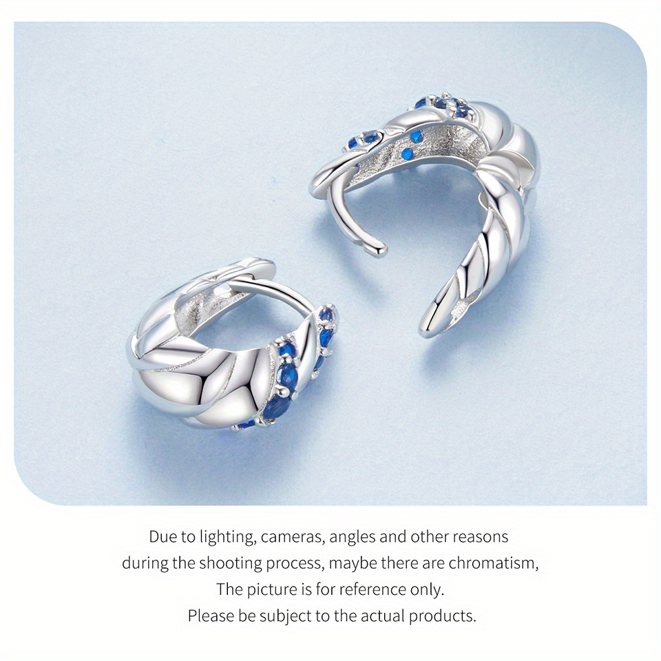 1 pair luxury 925 sterling silver hoop earrings, blue twisted anti-allergy jewelry with synthetic zirconia,   music festival   wear details 5