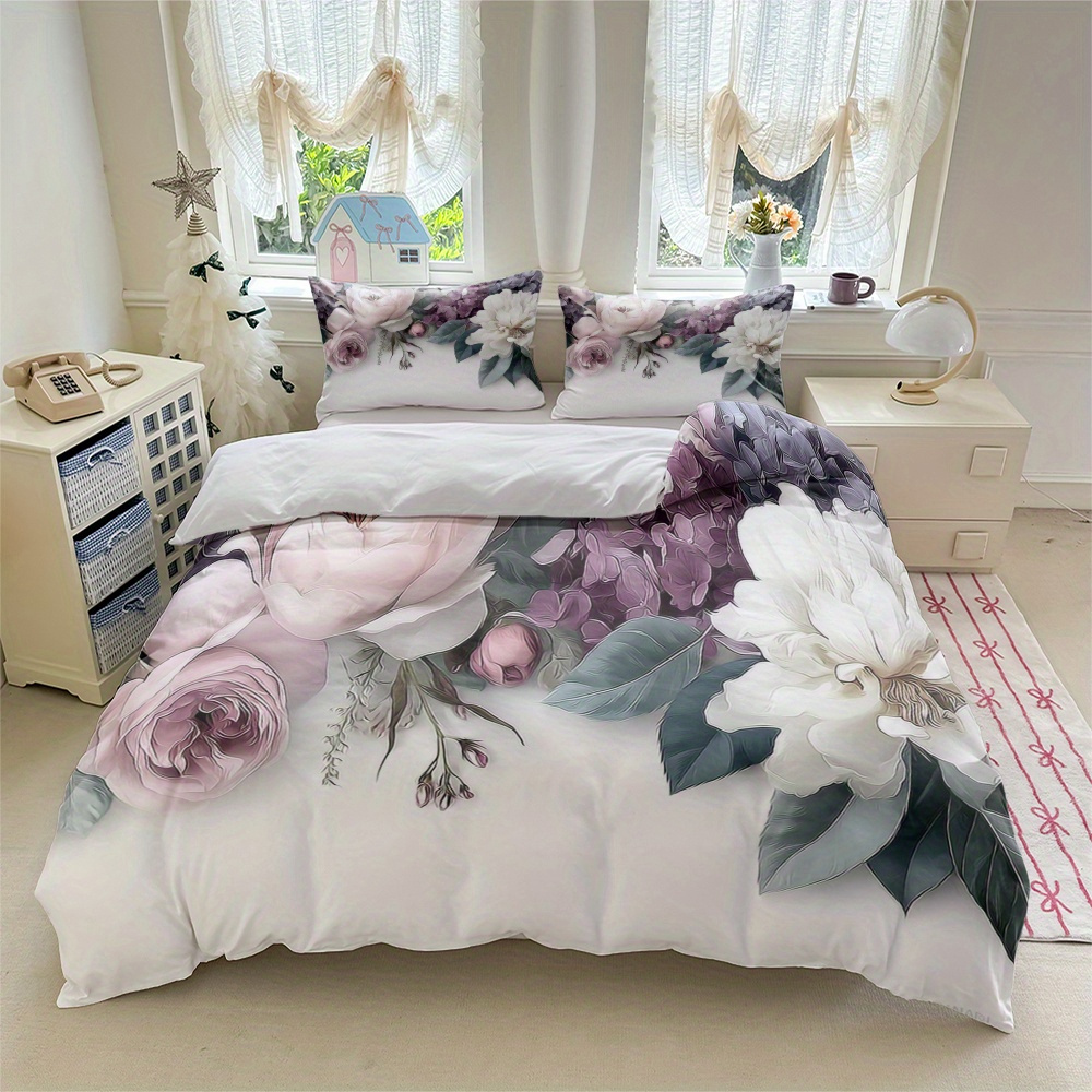 TEMU 3pcs Bedding, Light Pink-purple-white Peony And Hydrangea Print, Includes 1 Duvet Cover   2 Pillowcases, No Insert, For Adult Bedroom Decor