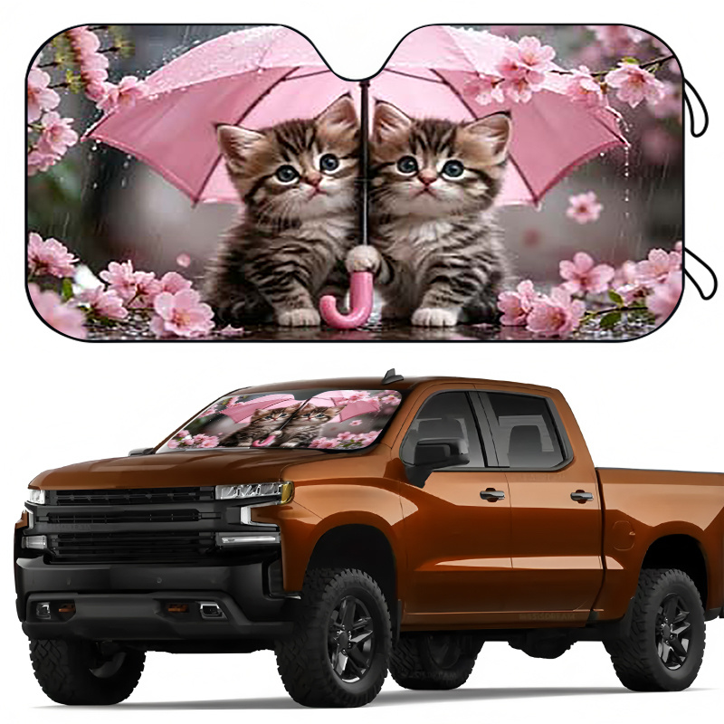 TEMU Car Sunshade | Front Windshield Sun Visor | Cute Cat And Cherry Design Sun Protection, Heat Insulation, And Uv Protection, Foldable And Easy To
