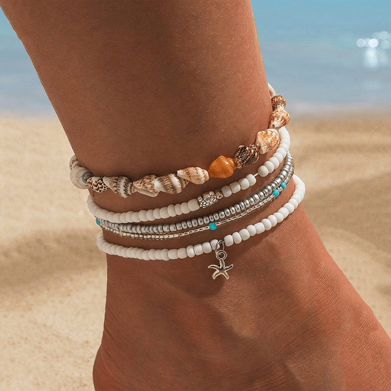 E-shop 5-teiliges Damen-Fußkettchen-Set, Sommer-Meeresmotiv mit Anhängern aus Kunst-Muschel, Kunst-Seestern Kunst-Meeresschildkröte, weißes