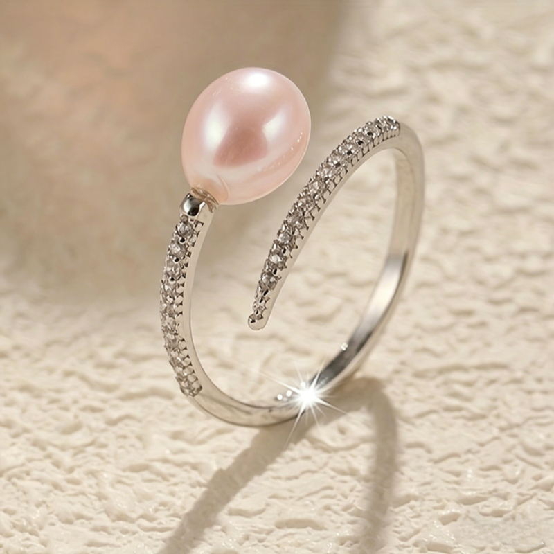 TEMU Anillo abierto de perlas de para mujer, anillo de abrazadera ajustable con joyería de declaración de CZ