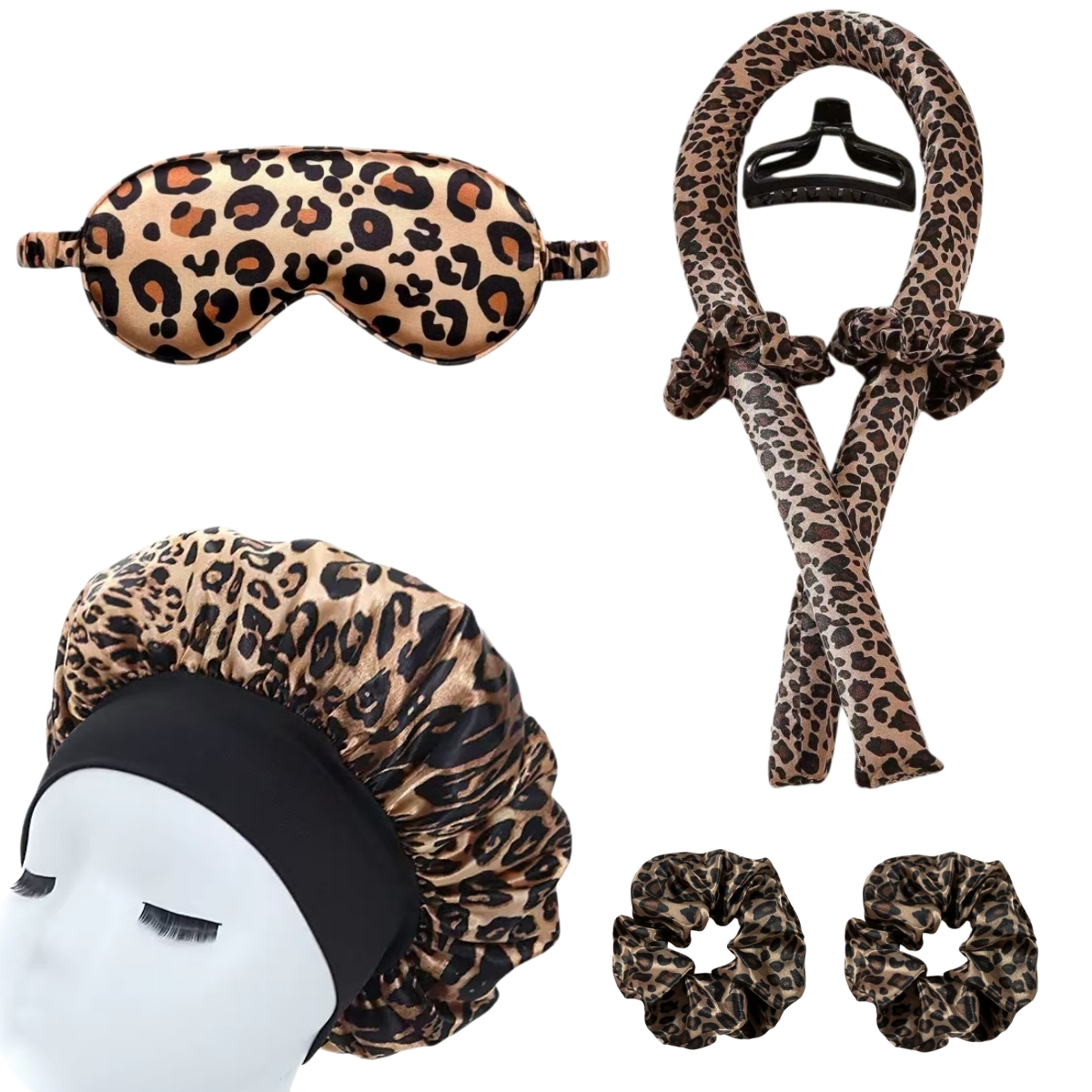TEMU 8pcs Hairdressing Tool Leopard Print Unheated Curling Rod With Color Random Leopard Print Sleeping Bath Hair , Eye Mask, Hairband Combination