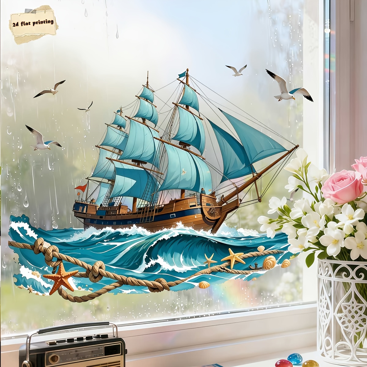 TEMU 1pc Nautical Style Sailboat, Ocean Waves, And Window Decal, For Living Room, Bedroom, Dining Room, Bathroom Doors And Windows, Pet Static Cling