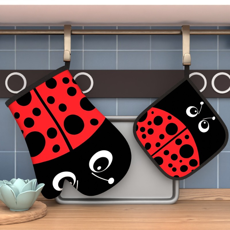 

2-pack Ladybug Pattern Polyester Oven Mitts And Potholders, Heat Resistant Kitchen Grilling Gloves, Machine Washable, Woven, For Cooking, Baking, Broiling, Microwaving - Kitchen Decor Accessories