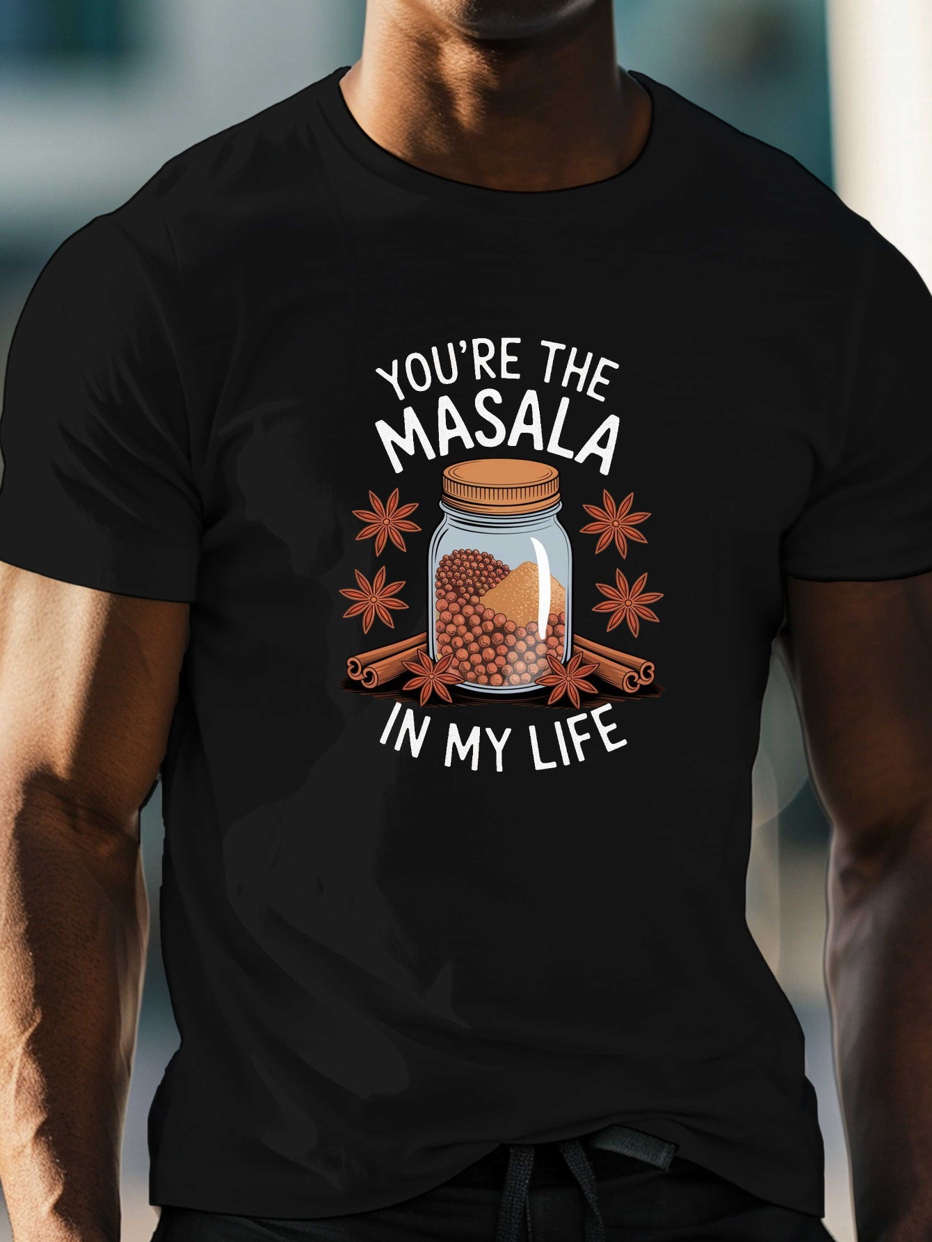 men's indian themed t shirt "you're the masala in my life" print with curry powder & chili peppers lightweight summer casual crew neck short sleeve tee for indian lovers & cultural apparel