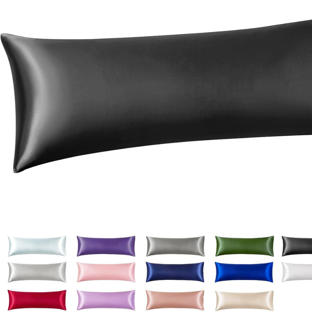 TEMU Taie d'oreiller longue en satin taille BODY, taies d'oreiller en satin Y noir lisse et rafraîchissant pour les cheveux et avec fermeture