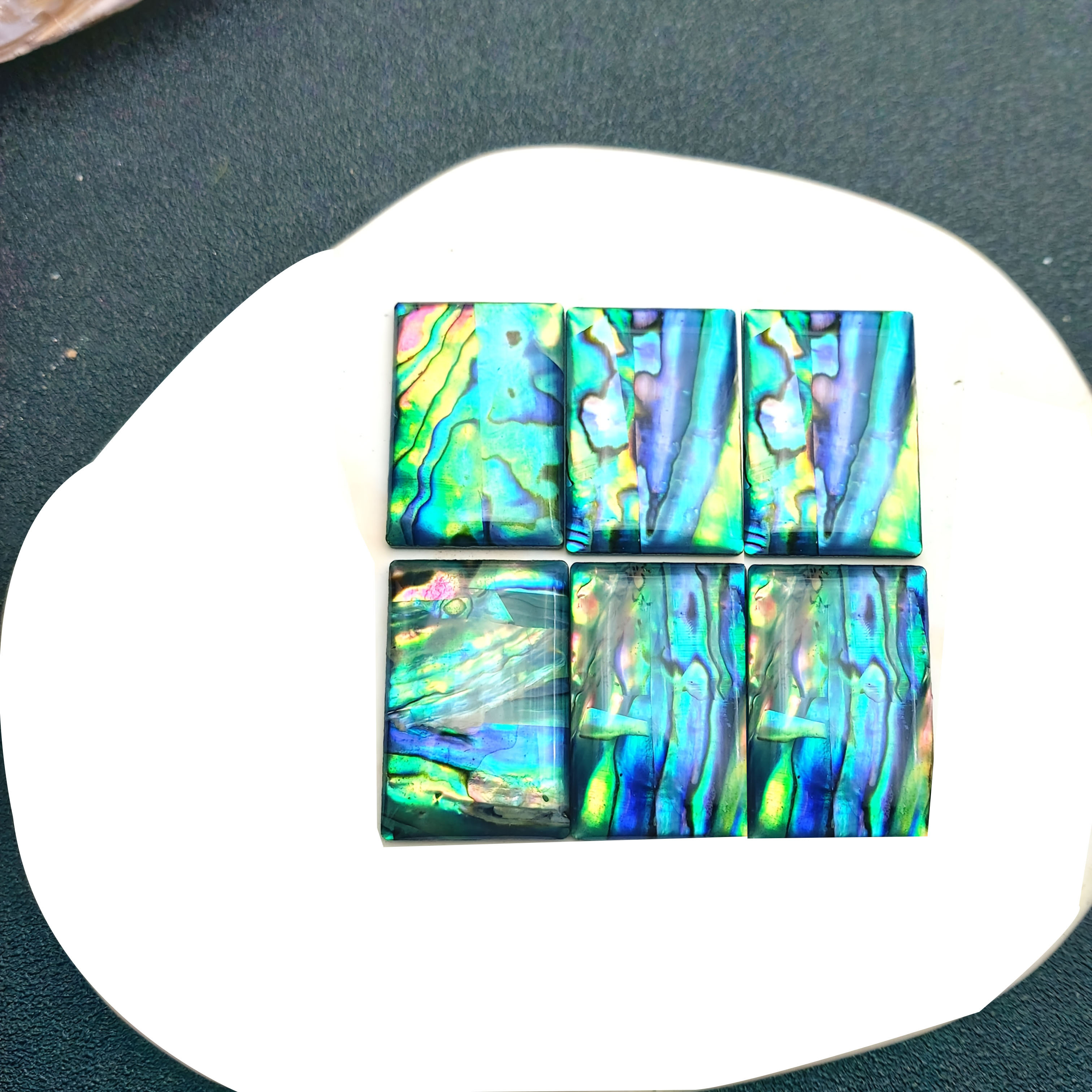 TEMU 2d Flat, 6pcs 30x20mm Rectangular Flat Cabochon Natural Abalone Shell With Acrylic Base- Iridescent , Loose For Making, Rings, Necklaces,