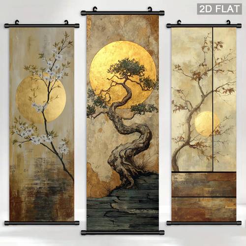 2d flat 1pc chinese style golden bokujou branch scroll wall art vertical framed canvas painting with plastic frame hanger leaf moon cherry for zen bedroom asian landscape 2d flat christmas decor