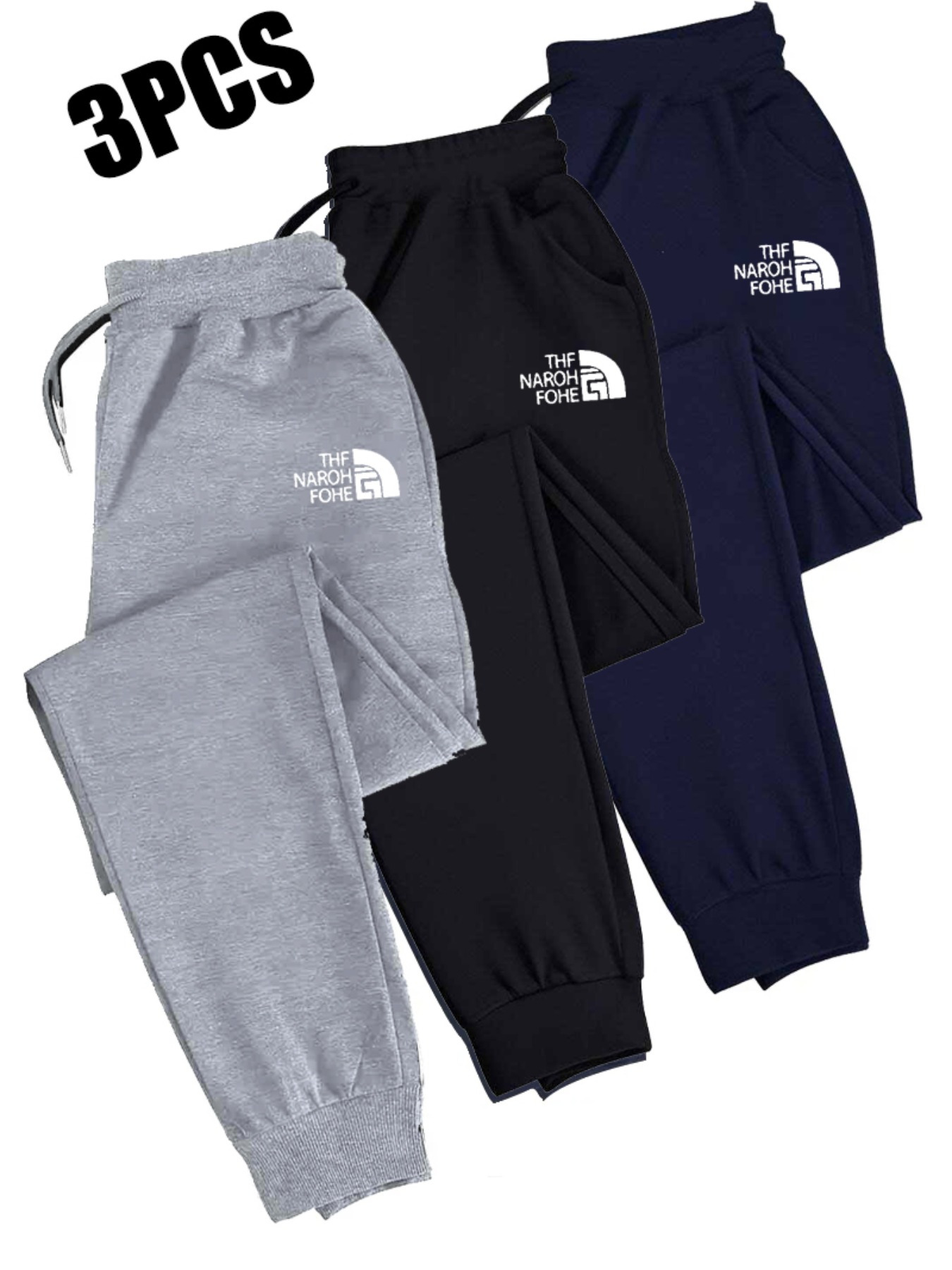 3pcs Men'S Casual Joggers with Elastic Drawstring Waist & Cuffed Ankles - 100% Polyester Knit, Loose Fit Print Athletic Pants for Gym, Running, All-Season Comfort (Grey/Navy/)