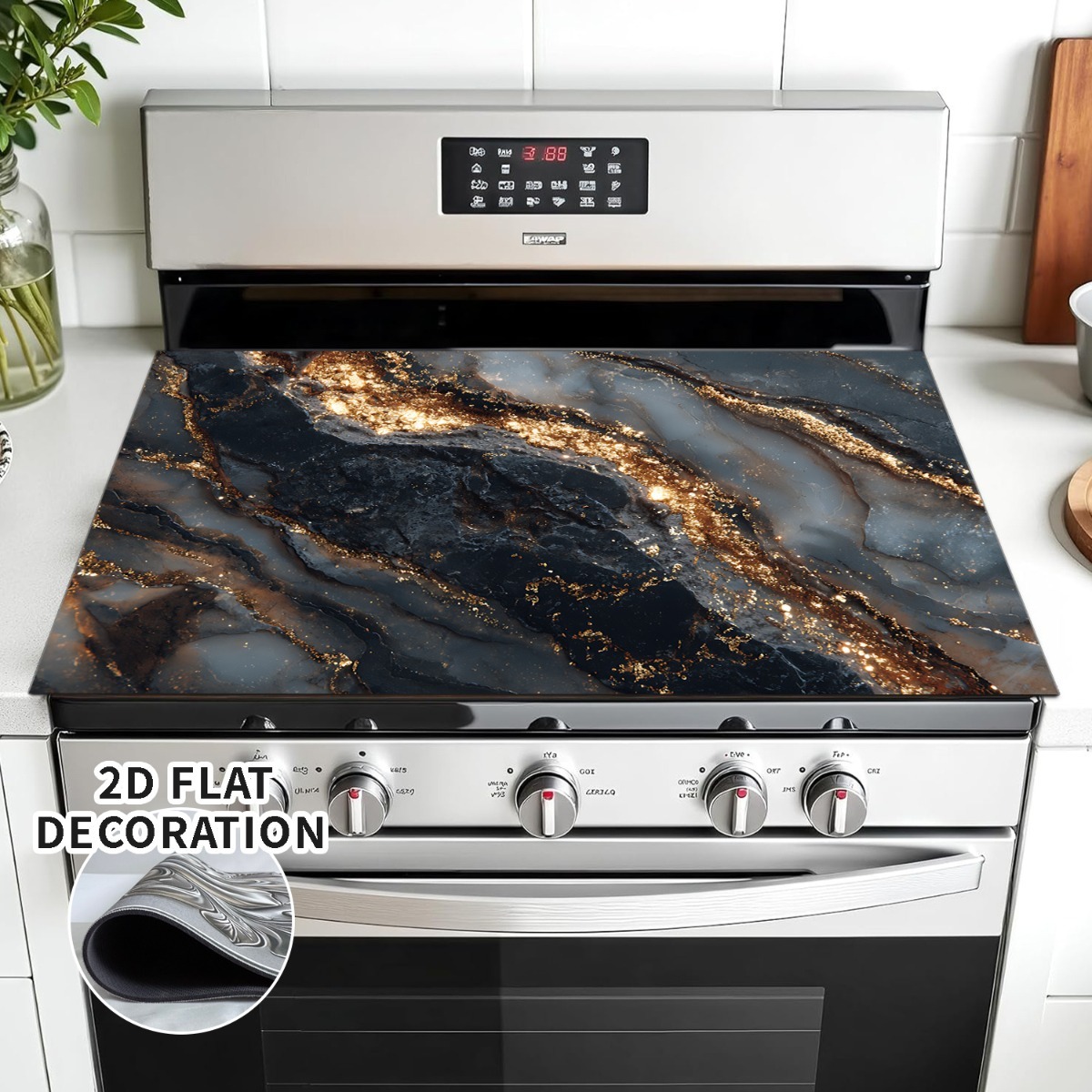 TEMU 1pc Induction Cooktop Protector Cover - Marble Pattern Stove Trim, Black & Golden Glossy Surface, Stove Top & Countertop Space Saver, Compatible