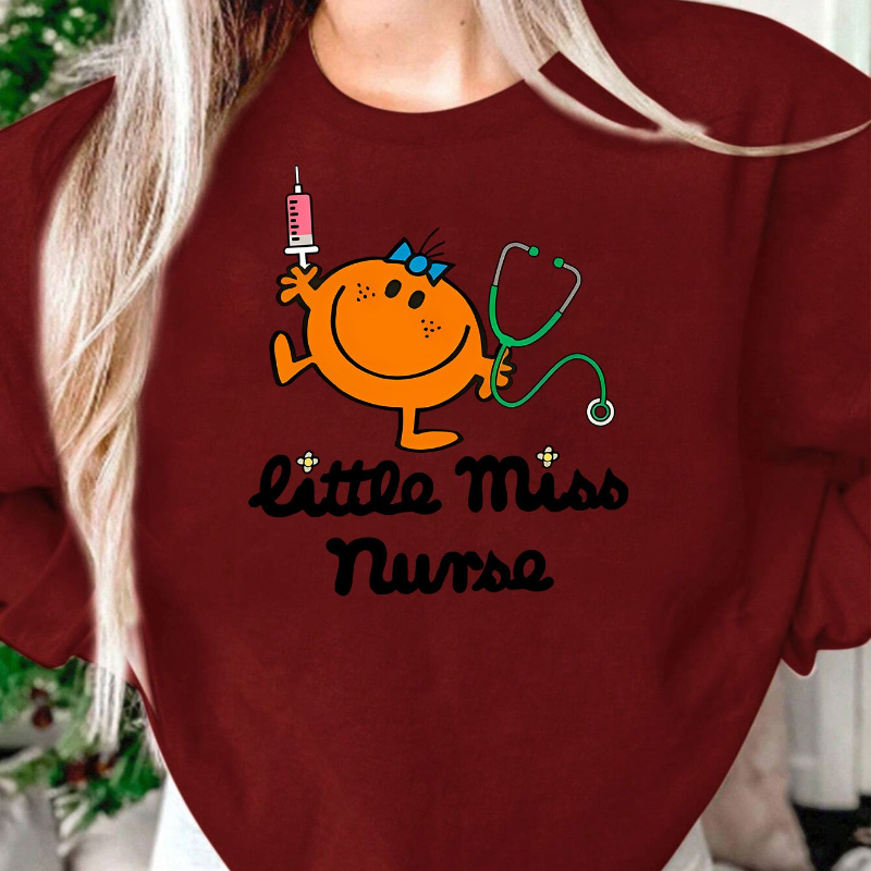 

1pc Nurse Cartoon Printed Casual Crew Neck Pullover Sweatshirt, 100% Polyester Knit Fabric, Fashion Top With Collar