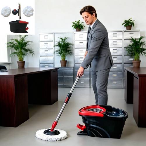 Hand-Free Spin Mop Cleaning Set, Integrated Rinse And Squeeze Bucket Body, 360° All-Angle Rotating Mop Head with Dual Replacement Mop Heads, Adjustable Extendable Rod, Mopping Time And