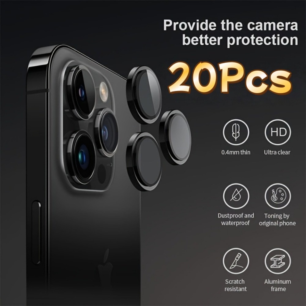 TEMU [Paquete de 20 protectores de lente individuales] Película de metal para lente de cámara, compatible con iPhone 17 Pro Max, 16, 15, 14, 13, 12,