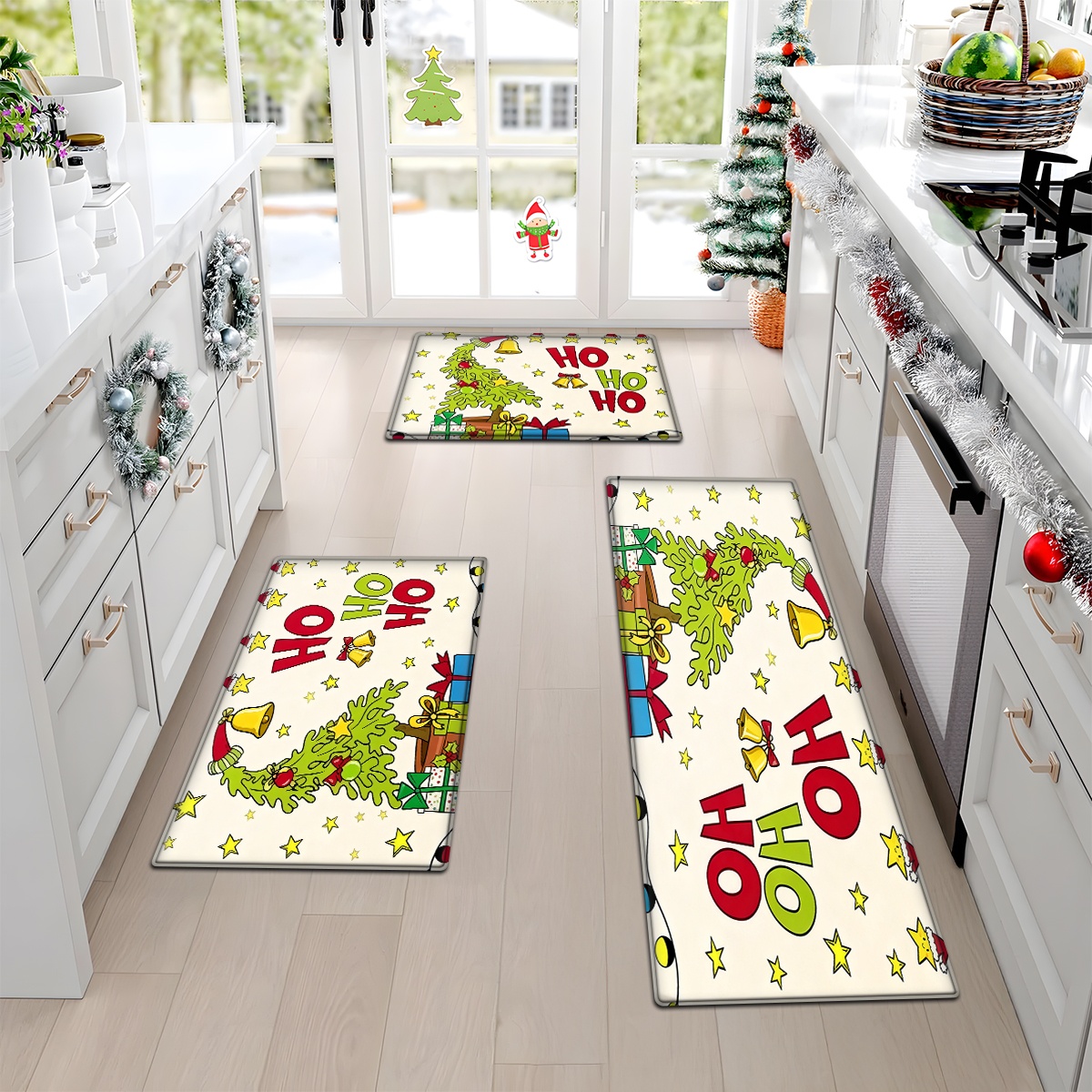 TEMU 1/ 2/ 3pcs Christmas Tree Gifts Bells Stars Flannel Soft Floor Mat, Kitchen Mat Set, Washable Home Kitchen Door Mat, Bathroom Door Mat, Bathroom