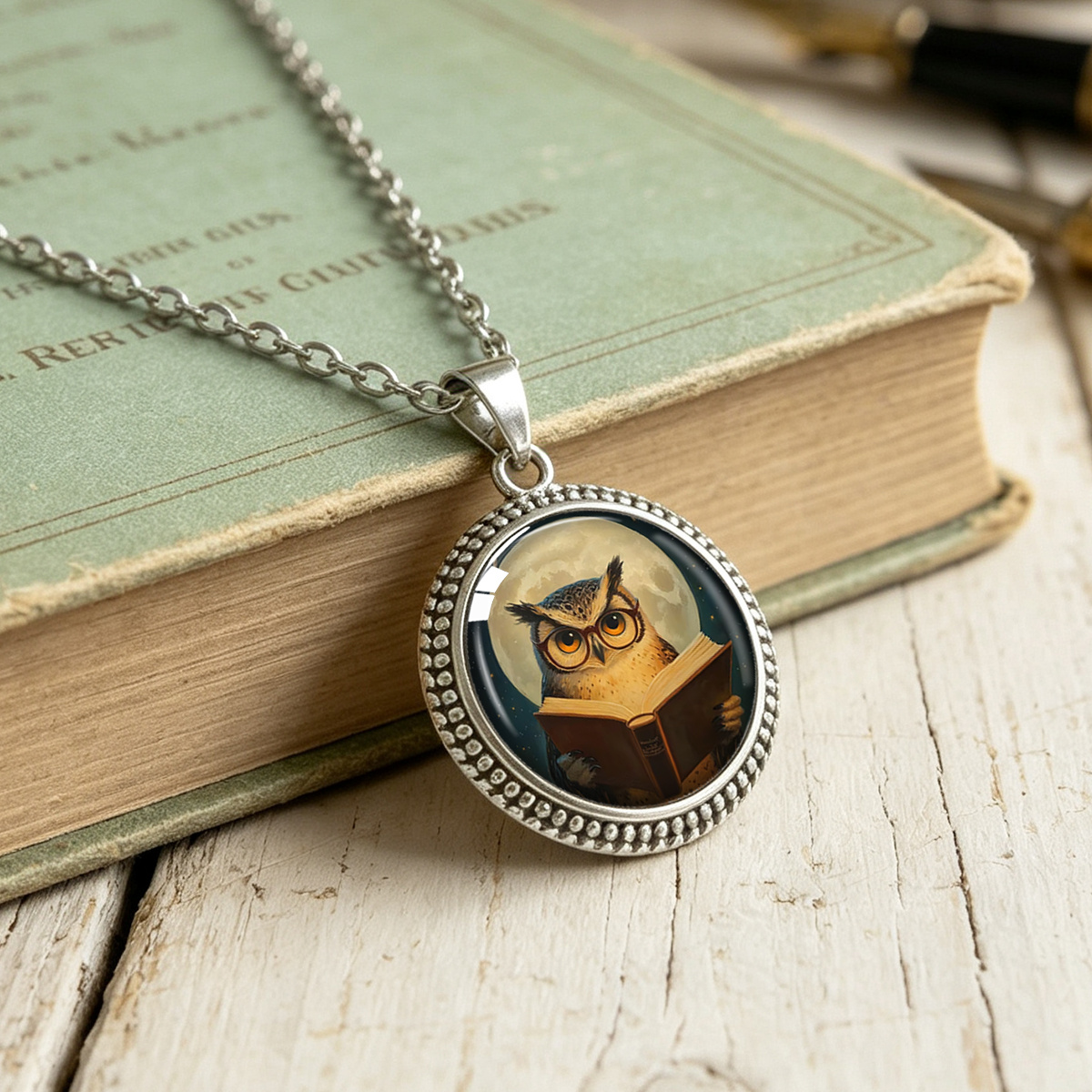 Vintage Owl Print Round Pendant Necklace