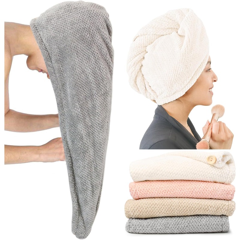 TEMU Extra Large 4-pack Microfiber Hair Towel Wraps For Women, Super Absorbent And Quick-dry Hair Drying Towels With Button Hair Turbans For Curly Hair, Long And Short Hair -