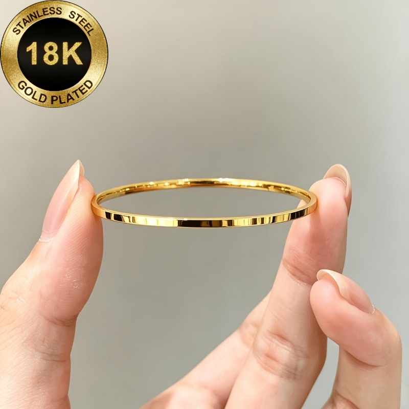 TEMU Ladies' Plain Titanium Steel Bangle Bracelet, A Simple And Light Luxury High-end Piece With A High-polish Finish, With Links. Available In