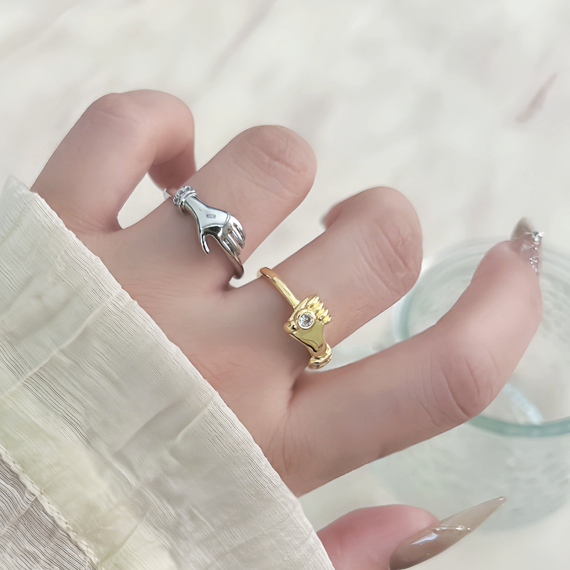 S925 Hand in Hand Couple Adjustable Ring, Love Symbol