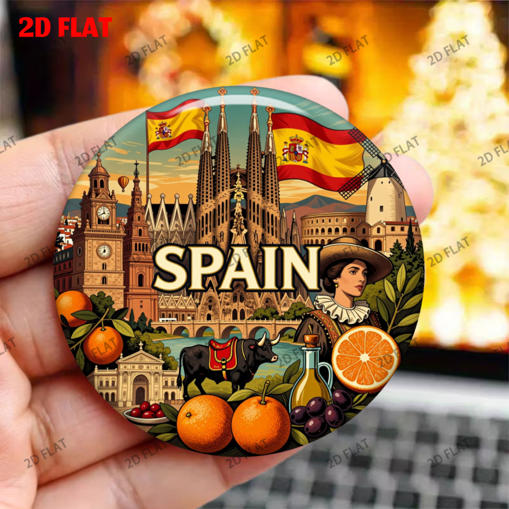 TEMU 1 pièce - Aimant durable 2D rond en métal avec drapeau emblématique de l'Espagne et de corrida orange - Impression de haute qualité, convient