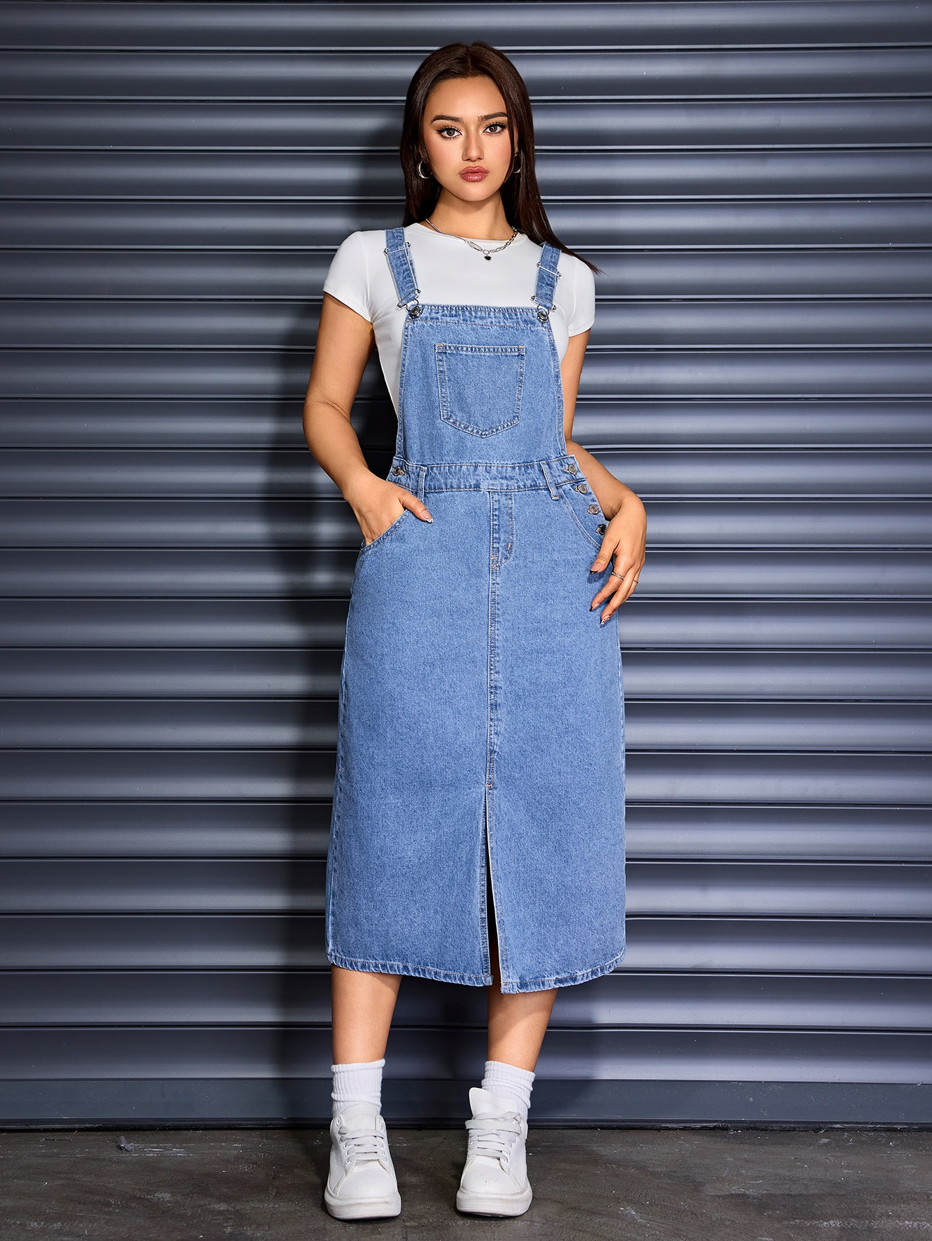 knee length dresses for ladies Valar Lace Up Midi Pinafore Dress | Disturbia