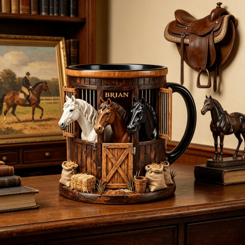 Horse Stable 3D Sculpted Coffee Mug, Equestrian Themed Tea Cup with Three Horses in Barn Design, Unique Gift for Horse Lovers, Equestrians, Men, Women, Ranch, Farm, Western Home Decor