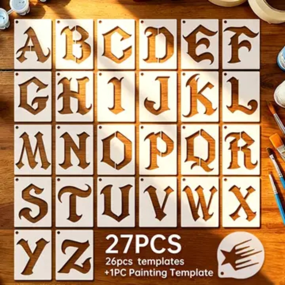 TEMU 27pcs Vintage Gothic Letter Stencil Set With A-z Complete Alphabet And Extra Patterns | Precision Laser-cut With Four-hole Positioning For Spray