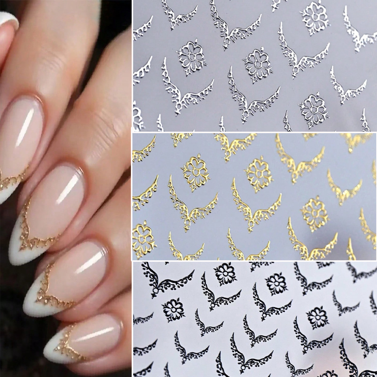 Image of 3pcs Gilded French Embossed Nail Stickers | Retro Metal V-shaped Versatile Fingertip Pattern Self-adhesive Nail Decoration For Valentine's Day Women Nail Art Supplies