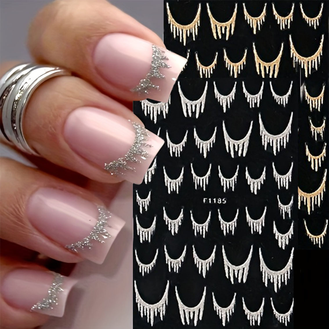 Image of 2pcs Nail Accessories, Reflective Glitter, French Nail Stickers, Golden And Silvery Tassel Lines, Y2k Style Colorful Stickers, Glossy Hot Stamping Patches, Self-adhesive Nail Decoration Stickers
